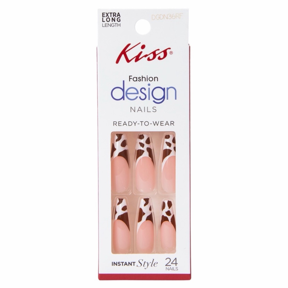 2 Pack KISS Glue On Nails Brown Cow Print French Tip Extra Long Coffin - Picture 3 of 3